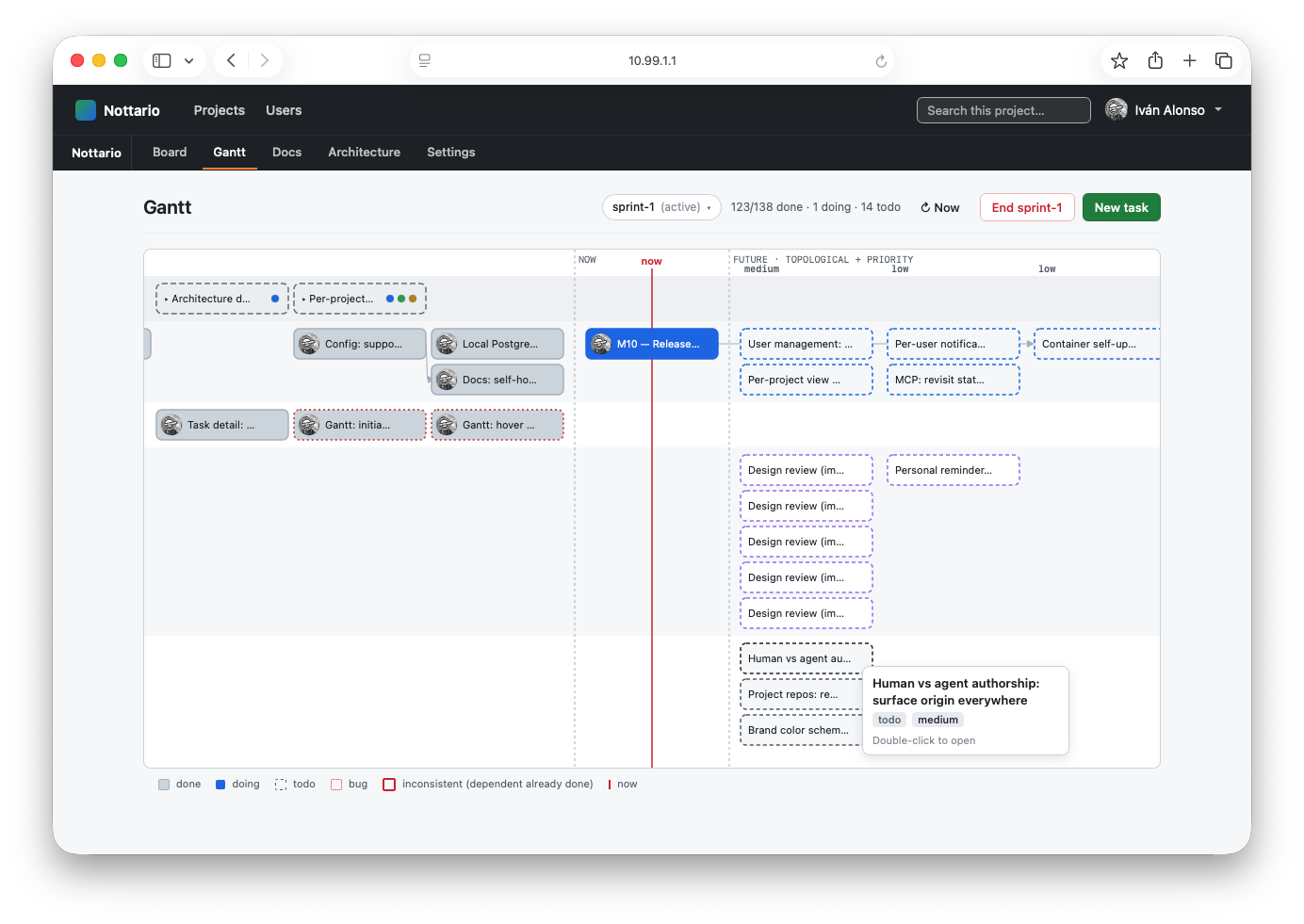 Gantt-style timeline with PAST and FUTURE zones around a NOW line