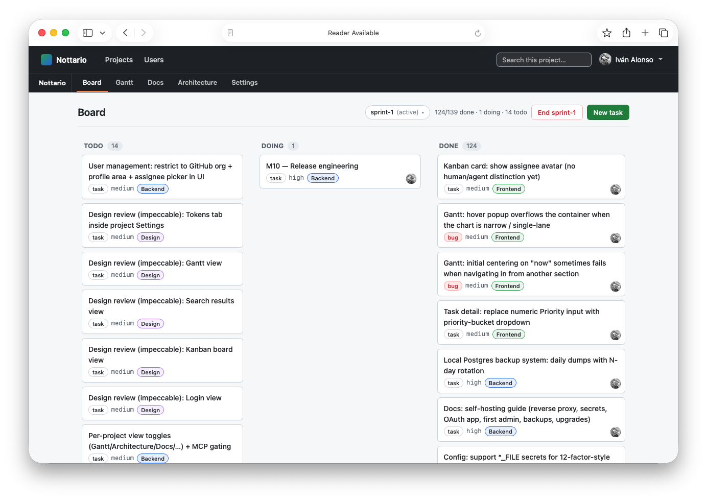 Kanban board with three columns — todo, doing, done — and avatars on the cards in flight