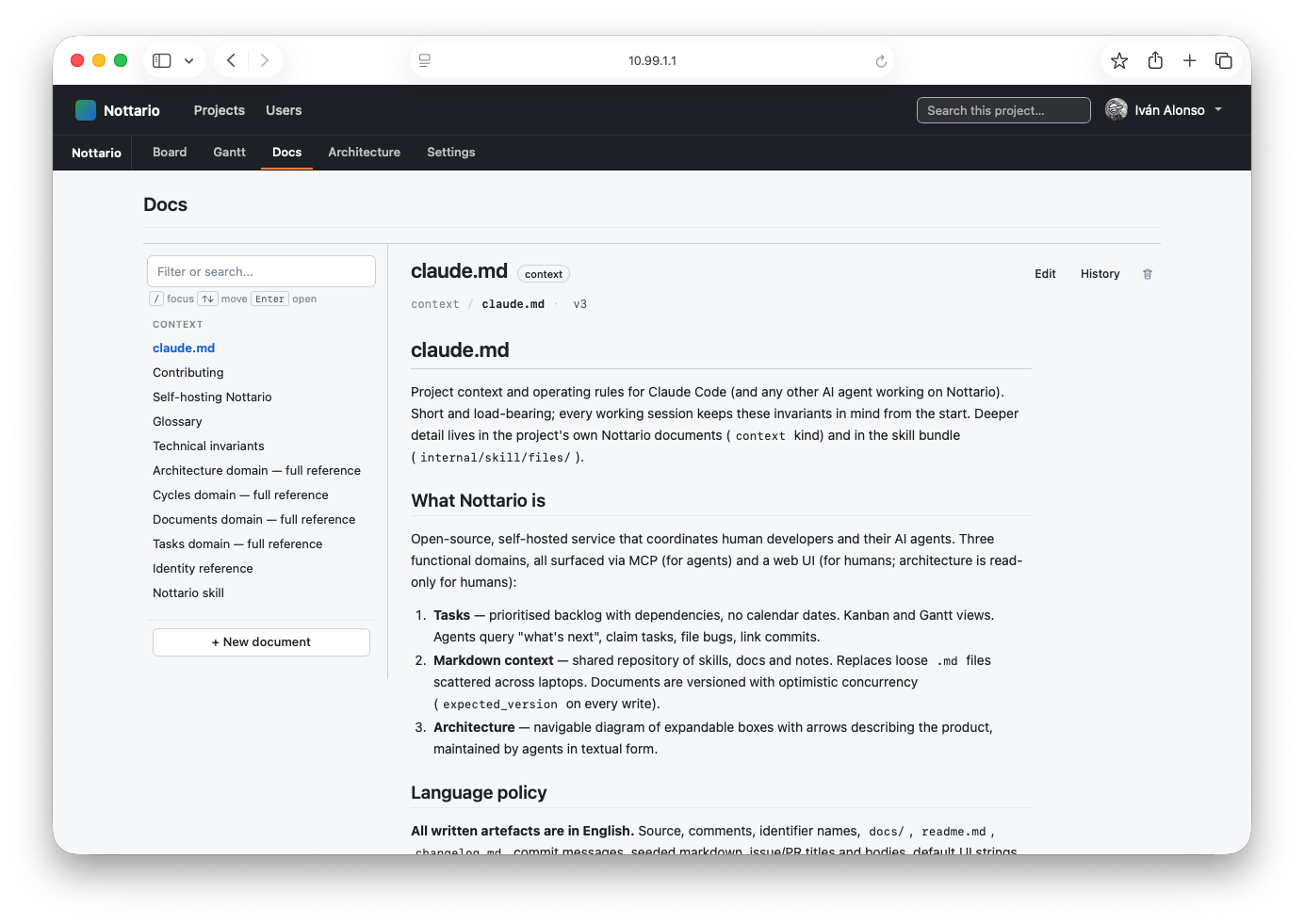 Docs view with a left sidebar listing documents and the rendered markdown of one on the right